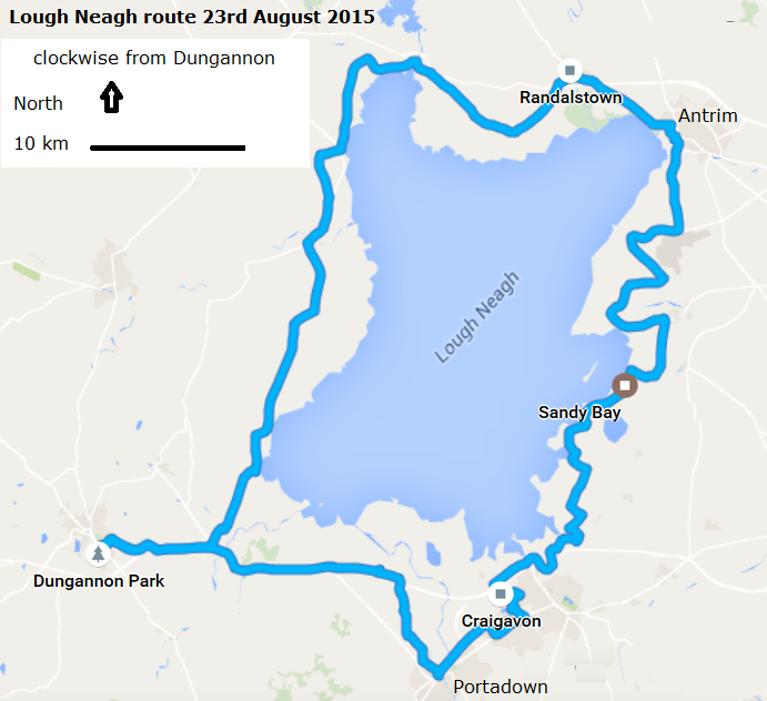 Lough Neagh
showing route and places mention by Steve Kidd, August 23 2015